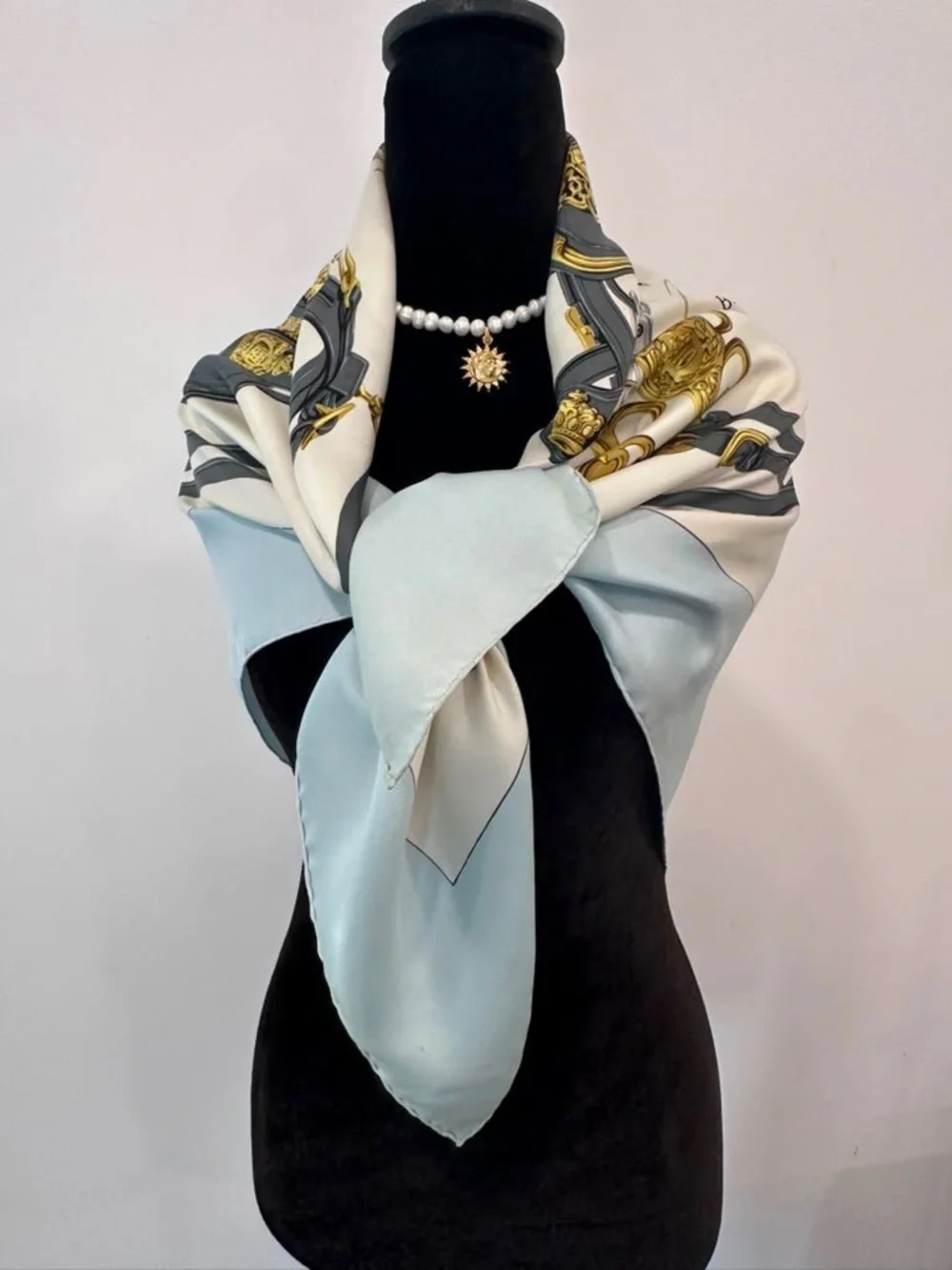Hermes Silk Scarf Carré 90 Blue White Hand Rolled Made in France